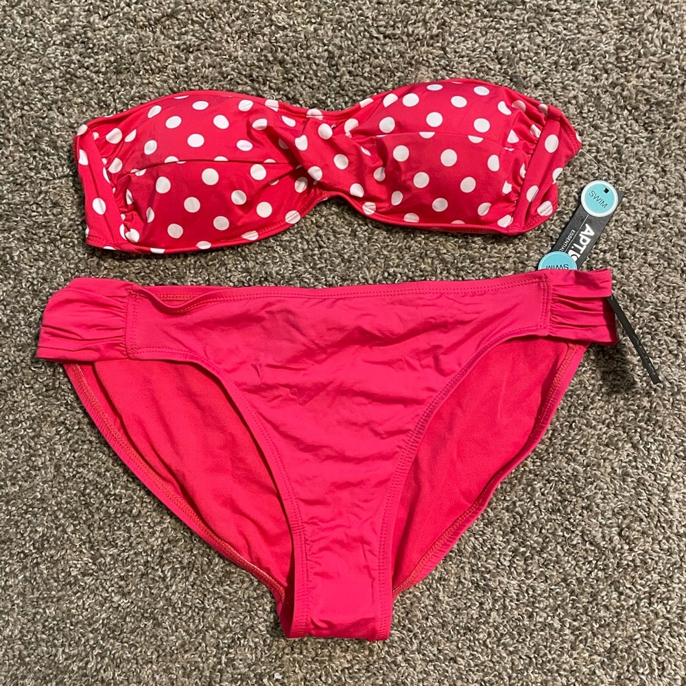 NWT Apt 9 Pink Red Polka Dot Bandeau L Bikini Set